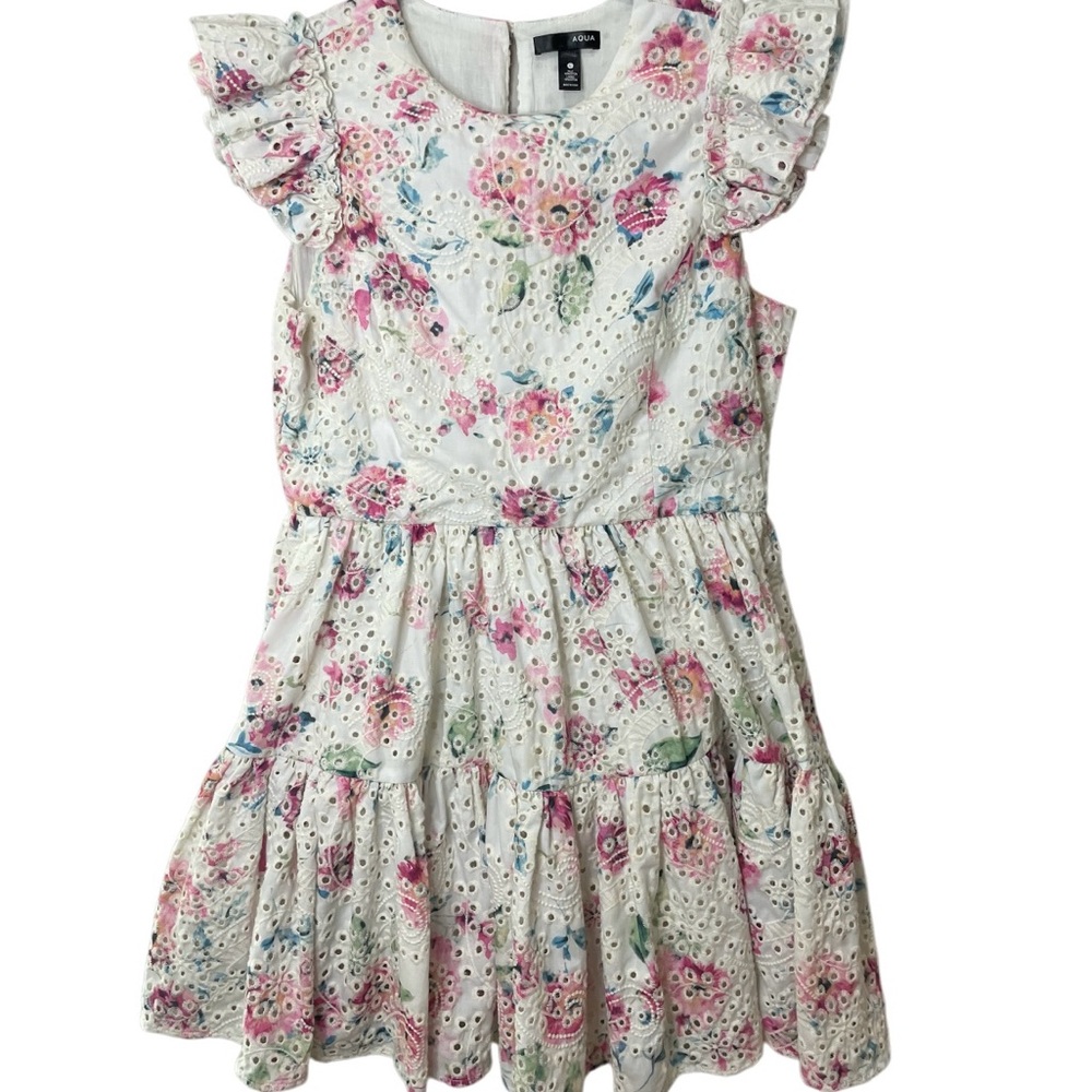 Aqua Eyelet Floral Tiered Mini Dress Ruffle Sleeves Demure Romantic SZ L EUC - Picture 3 of 10